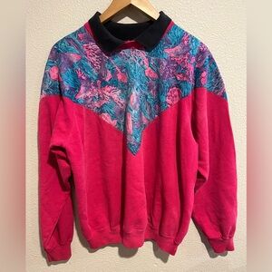 Vintage 90s Hanes Shell Colorblock Collared Crewneck Sweater USA Pink XL